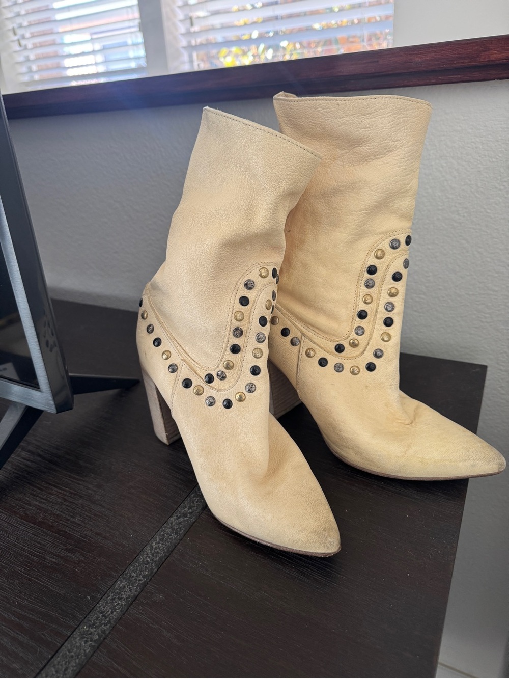 Free People Studded Dakota Pointed-Toe Ankle Boots in Cream